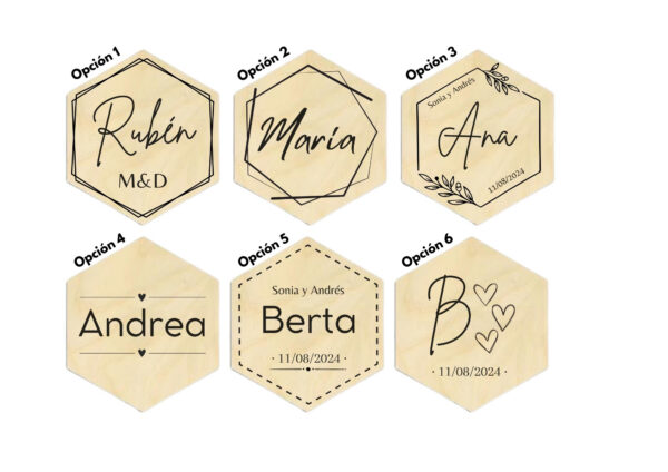 MARCASITIOS HEXÁGONO MADERA NOMBRE PERSONALIZADO - Imagen 2