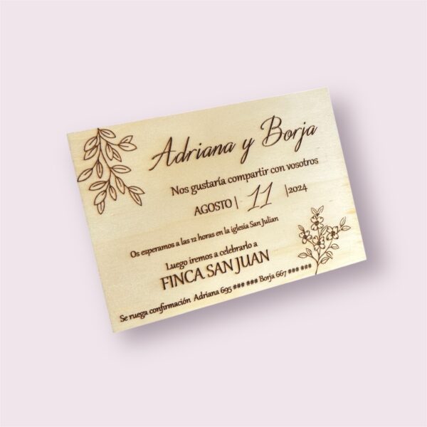 INVITACIÓN DE BODA EN MADERA DISEÑO FLORAL PERSONALIZADA - Imagen 2